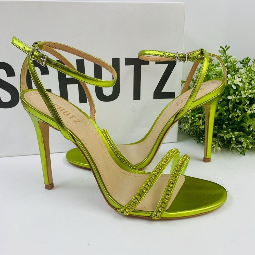 SCHUTZ Metallic Lime Green Rhinestone Strappy Stiletto Sandals